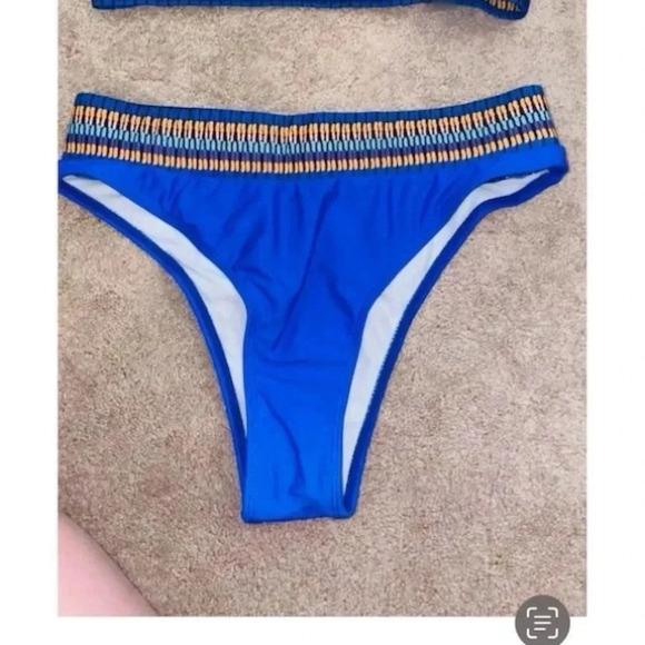 Women's Blue Triangle Bikini Set w/ Contrasts Trim Size M High-Waisted - Picture 8 of 13